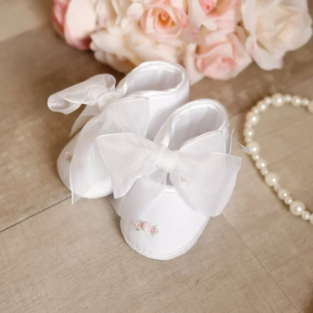White Crib Shoe with Pearl and Floral Bullion Embroidery AVAILABLE TO BUNDLE